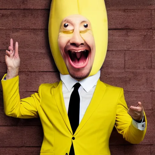 Image similar to banana head, a man wearing a suit banana head