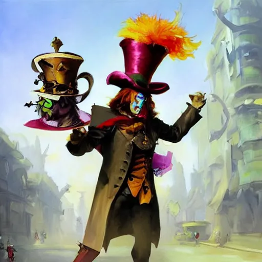 Image similar to greg manchess portrait painting of partially armored mad hatter from alice in wonderland as overwatch character, wacky, medium shot, asymmetrical, profile picture, organic painting, sunny day, matte painting, bold shapes, hard edges, street art, trending on artstation, by huang guangjian and gil elvgren and jesper ejsing