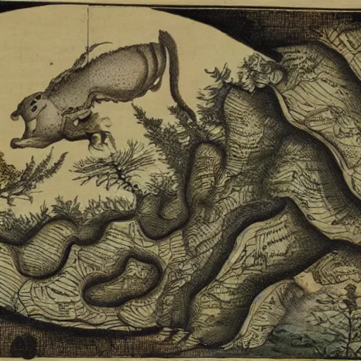 Prompt: a 1 8 th century illustration of the lost continent filled with undiscovered animals