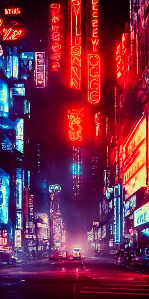 Image similar to city streets, neon signs, giant screens, eerie fog, blade runner, ex machina