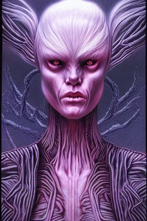 Image similar to female demon in the wild nature, dressed, blonde hair, symmetry, sci - fi, dark fantasy, by wayne barlowe