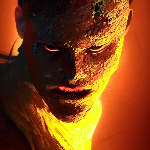 Image similar to atractive man face made of green lava and fire, cyberpunk fashion, character design humanoid, realistic shaded perfect face, fine details, very dark environment, misty atmosphere, closeup, d & d, fantasy, intricate, elegant, highly detailed, digital painting, artstation, hearthstone, art by artgerm and greg rutkowski and alphonse mucha, marvelous designer