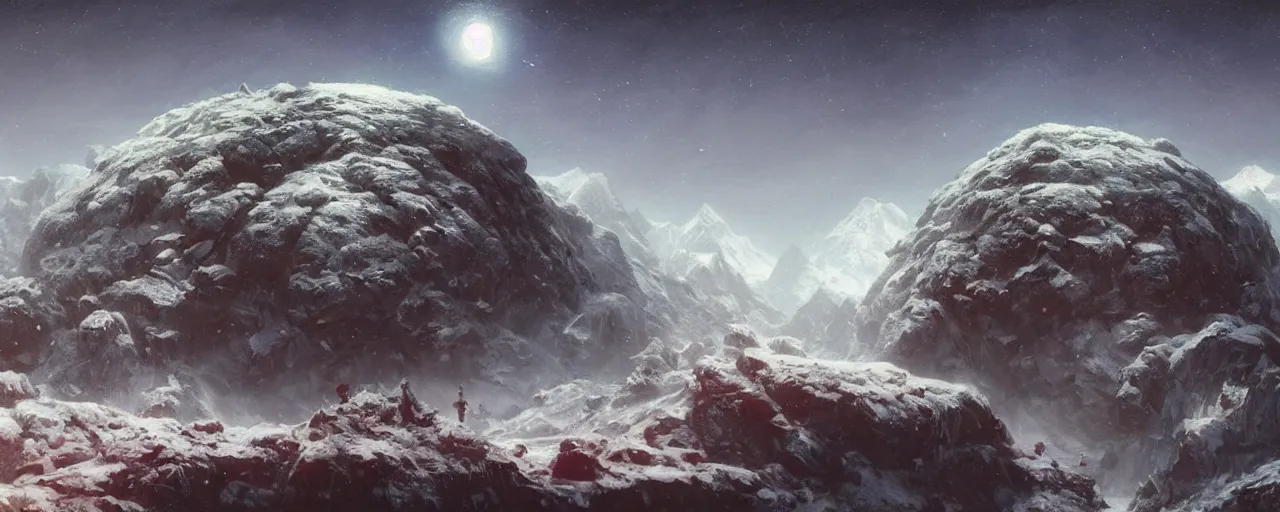 Image similar to ” outer planet with a rugged snow topped mountain range, [ art by paul lehr, cinematic, detailed, epic, widescreen, opening, establishing, mattepainting, photorealistic, realistic textures, octane render ] ”