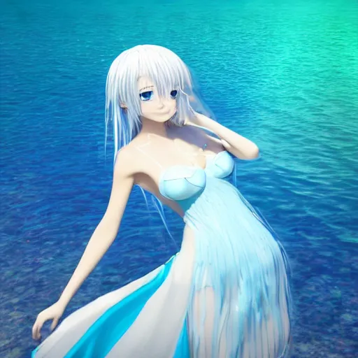 Image similar to a 3D render of a very beautiful anime girl wearing a dress made of water standing in a crystal lake , full body, long white hair with azure blue highlights blending into the dress , azure blue watery eyes, full round face, seductive over the shoulder glances , lens flare, cinematic lighting, golden hour, medium shot, mid-shot, auto-focus , highly realistically detailed, trending on artstation, Unreal Engine 4k, Stanley Artgerm Lau, WLOP, Rossdraws, James Jean, Andrei Riabovitchev, Marc Simonetti, and Sakimichan