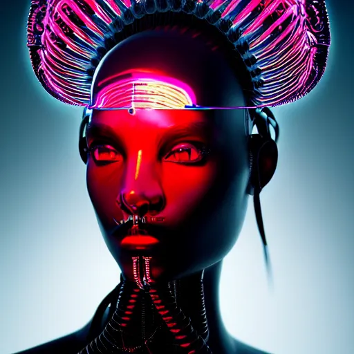 Image similar to portrait of an absurdly beautiful, graceful, sophisticated, fashionable cyberpunk mechanoid gravure idol, hyperdetailed illustration by irakli nadar, adut akech, matt wisniewski style, intricate linework, dark black porcelain skin, jellyfish headdress, unreal engine 5 highly rendered, global illumination, neon red light, detailed and intricate environment