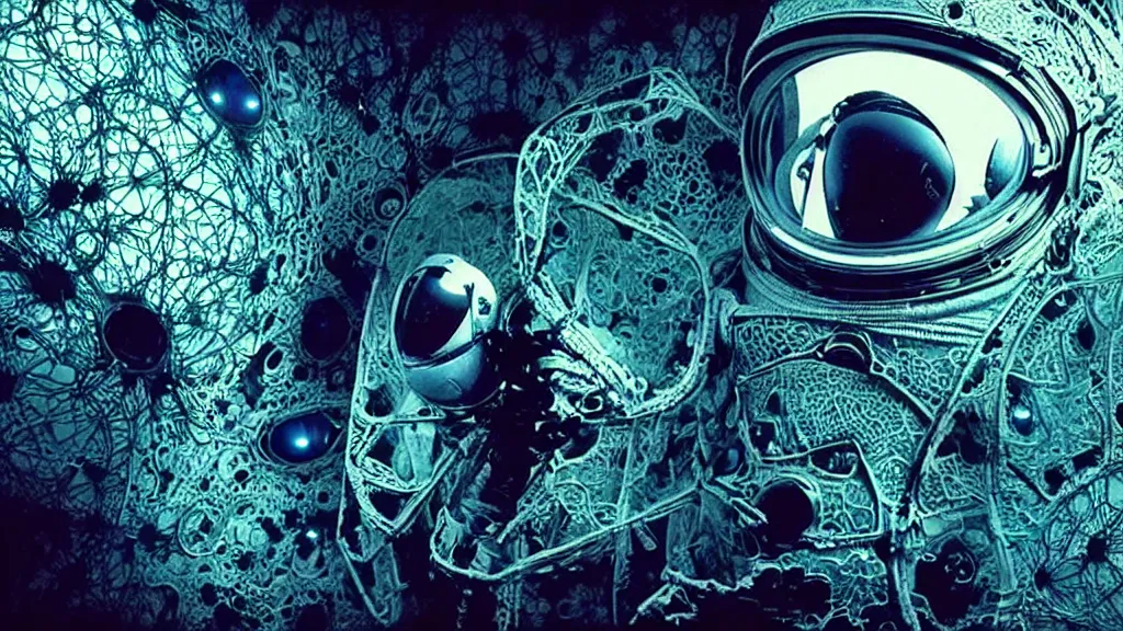 Image similar to a cybernetic symbiosis of a single astronaut eva suit swimming in infected with diamond 3d fractal lace iridescent bubble 3d skin covered with insectoid compound eye camera lenses floats through the living room, film still from the movie directed by Denis Villeneuve with art direction by Salvador Dalí, wide lens,