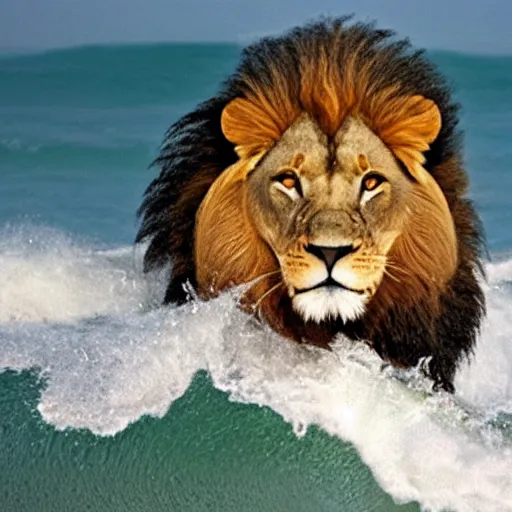 Prompt: a lion's face breaching through a wave