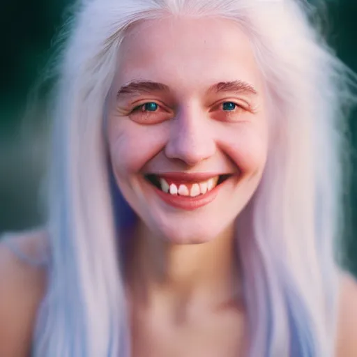 Image similar to beautiful portrait of a cute thing young woman smiling softly, long white hair, flushed face, blue eyes, golden hour, 8 k, portra 4 0 0