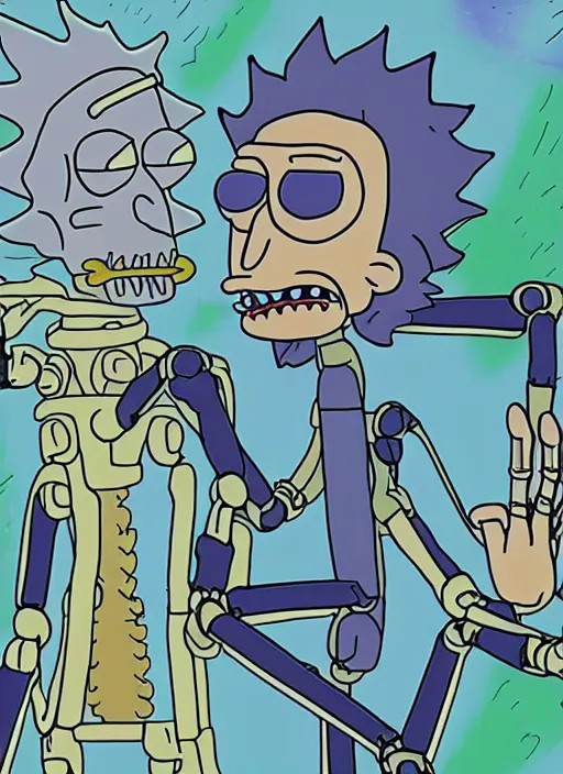 Prompt: a robot trying to draw a human hand, rick and morty art style illustration, justin roiland, dan harmon, location is a science fiction planet