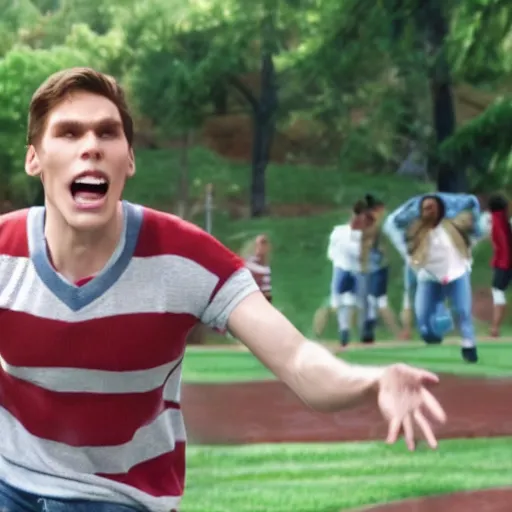 Image similar to Live Action Still of Jerma in High School Musical, real life, hyperrealistic, ultra realistic, realistic, highly detailed, epic, HD quality, 8k resolution, body and headshot, film still