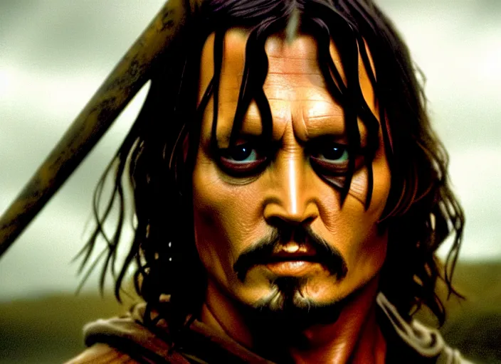 Image similar to filmstill johnny depp as aragorn, 1 0 0 mm lens, canon eos, red cinema camera, frontal view, dynamic pose, intricate, elegant, highly detailed, centered, redshift, octane, smooth, sharp focus, zeiss lens,