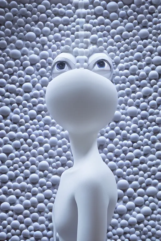 Image similar to full head and shoulders, beautiful porcelain female person, mixed with three giant frog spawn eyes, smooth, delicate facial features, white detailed eyes, white lashes, 3 d white shiny thick, wearing colourful streetwear, background is an empty art gallery, by daniel arsham and james jean, featured in pictoplasma