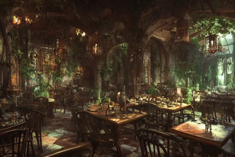 Image similar to inside a a lush tavern found in italy, artgerm, yoshitaka amano, gothic interior, 8 k, octane render, unreal engine