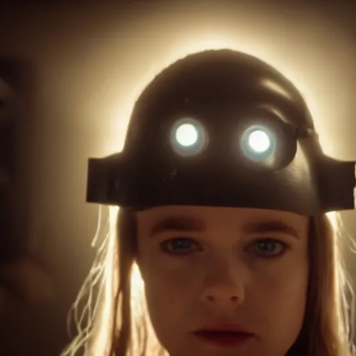 Image similar to movie still of a girl with a cyborg cat helmet, cinematic composition, cinematic light, by edgar wright and david lynch