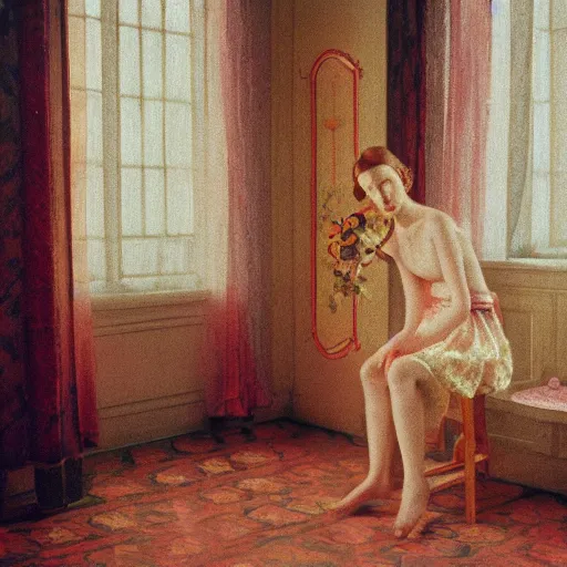 Prompt: close - up of a beautiful flowery girl in an empty room, film still by wes anderson, depicted by balthus, limited color palette, very intricate, art nouveau, highly detailed, lights by hopper, soft pastel colors, minimalist