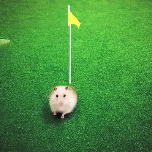 Image similar to “ hamster coming out of a golf hole, golf flag next to hole ”