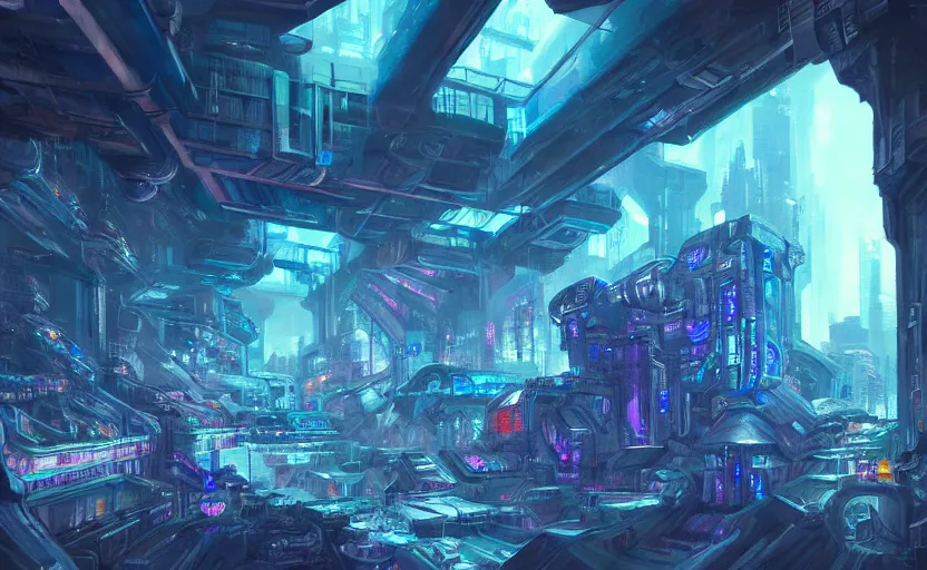 Image similar to cyberpunk factory in a dark cave, blue crystals, hyper detailed, realistic, intricate, concept art by frank hong, mate painting, artstation
