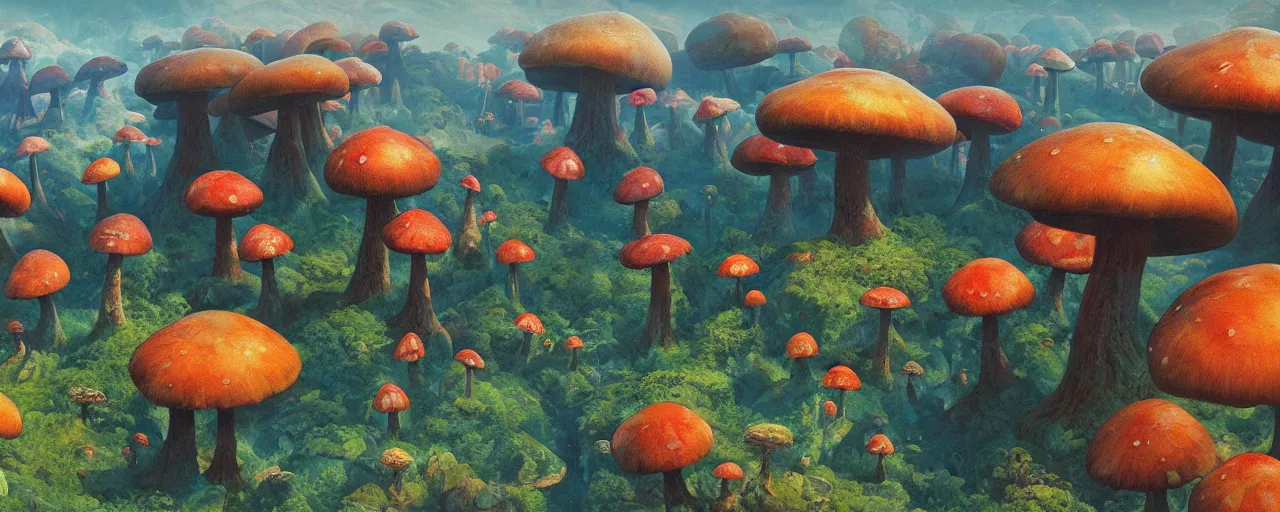 Image similar to ” aerial view of an otherwordly terrain with giant mushrooms, [ cinematic, detailed, epic, widescreen, opening, establishing, mattepainting, photorealistic, realistic textures, octane render, art by paul lehr ] ”