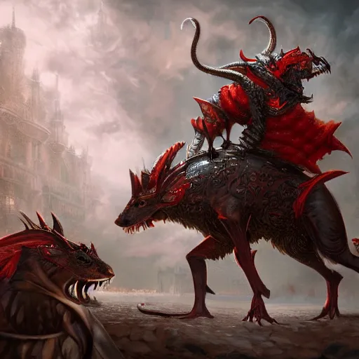 Prompt: anthropomorphized rat musketeer challenging gigantic beast, concept art, insanely detailed and intricate, hypermaximalist, elegant, ornate, hyper realistic, super detailed, tribal red atmosphere, art deco, cinematic, trending on artstation, magic the gathering artwork, cinematic, dramatic artwork