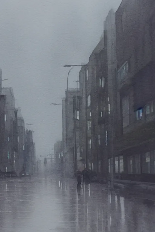 Prompt: a watercolor about contemporary Shanghai, deserted street after rain, cloudy overcast sky, poignant, high contrast of light and dark, smooth, by Joseph Zbikowicz, 8k