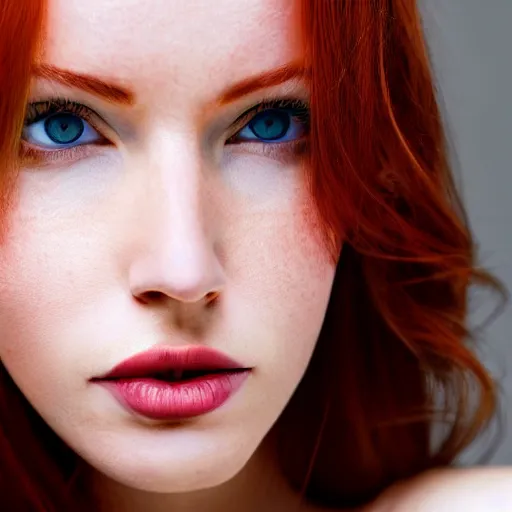 Image similar to highly detailed picture of a beautiful redhead woman, perfectly symmetrical face, sharp focus