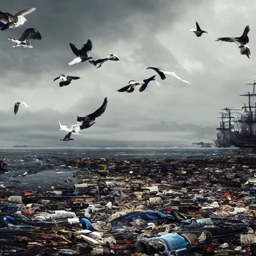 Prompt: on water, enormous huge islands of tyres and garbage floating, seagulls flying in the forecasted sky, dramatic light, post apocalyptic, rainy weather, wet,highly detailed, wide shot, 8K mate painting, concept