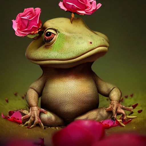 Image similar to soulful long shot of a crazy toad baby sitting in a rose blossom, by esao andrews, by m. w. kaluta, ultra humorous illustration, small depth of field, perspective perception, volumetric light, psychedelic colors, 3 d octane render, 8 k, conceptart, hyperdetailed, hyperrealistic, trending on artstation