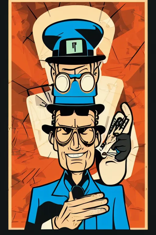 Prompt: inspector gadget, 7 6 retro futurist illustration art by butcher billy, sticker, colorful, illustration, highly detailed, simple, smooth and clean vector curves, no jagged lines, vector art, smooth andy warhol style