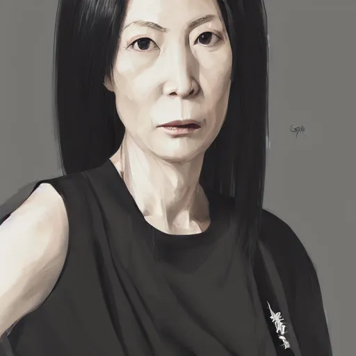 Image similar to Portrait of a woman by Greg Rutkowski, she is about 50 years old, japanese, black straight hair, attractive, elegant, airs of superiority, boss vibes, she is wearing white and black utilitarian jumpsuit, highly detailed portrait, scifi, digital painting, artstation, concept art, smooth, sharp foccus ilustration, Artstation HQ.