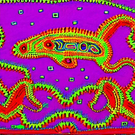 Image similar to Huichol art design of an axolotl, neon colors