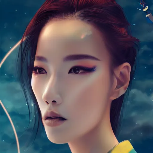 Prompt: close-up portrait of a beautiful Korean Brazilian Luxurious Goddess wearing an elegant futuristic airforce outfit posing dramatically in the art style of WLOP, rule of thirds, fair complexity, 4k quality