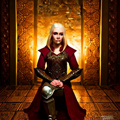 Image similar to the elder scrolls vi, charismatic regal blonde high elf female jarl, portrait, exquisitely designed throne room, atmospheric lighting, painted, intricate, volumetric lighting, beautiful, daytime, slight overcast, sharp focus, deep colours, ultra detailed, by leesha hannigan, ross tran, thierry doizon, kai carpenter, ignacio fernandez rios