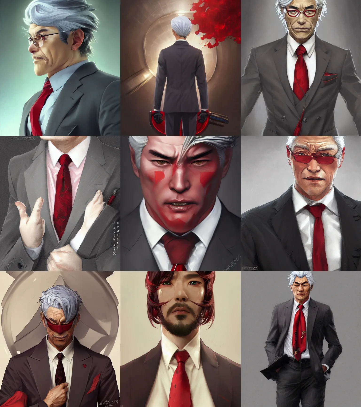 Prompt: shirogane - sama, wearing a business suit, grey hair, red necktie, cinematic, stunning, highly detailed, digital painting, artstation, smooth, hard focus, full body shot, illustration, art by artgerm and greg rutkowski and alphonse mucha