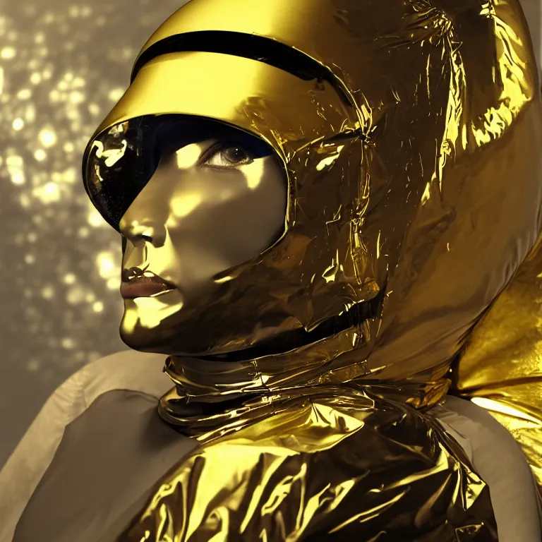 Prompt: octane render portrait by wayne barlow and carlo crivelli and glenn fabry, subject is a woman covered in colorful aluminum foil space suit with an iridescent metallic space helmet visor, floating inside a futuristic black and gold space station, cinema 4 d, ray traced lighting, very short depth of field, bokeh