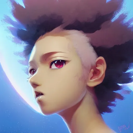 Image similar to portrait of anime pixie character with afro hair, manga cover, highly detailed, digital painting, artstation, concept art, sharp focus, illustration, strong brush stroke, anime, art by greg rutkowski, ilya kuvshinov, sharp focus, ghibli studio, art by ilya kuvshinov, rossdraws