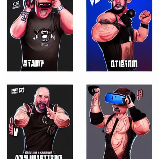 Image similar to wwe wrestler characters shrugging with their arms wearing vr goggles, gta cover, apex legends trending on artstation, digital illustration