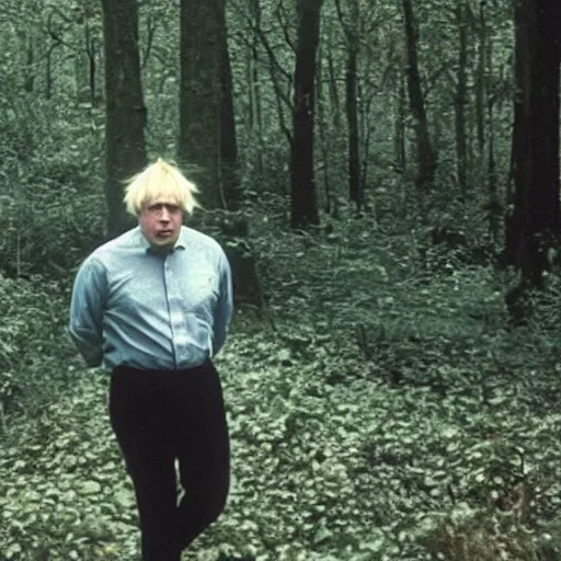 Prompt: found footage of boris johnson lost in the forest, last known photo, 1980s, eerie