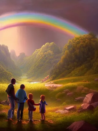 Prompt: dad. mom. kids. a happy familly looking at a distant rainbow. green valley horizon. a village. intricate, elegant, highly detailed, digital painting, artstation, concept art, sharp focus, illustration, by justin gerard and artgerm, 8 k