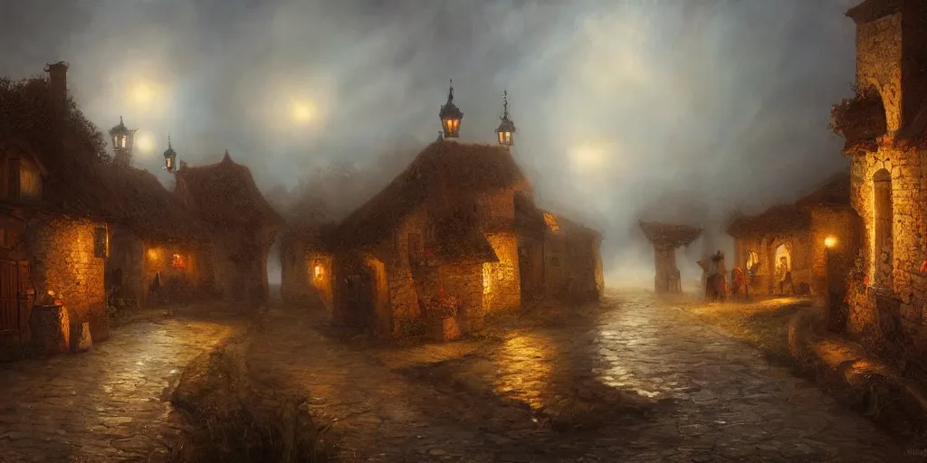 Image similar to Highly detailed and cinematic Romantic period oil painting of a medieval village, fog, volumetric lighting, an oil painting ((masterpiece)) by ((Josep Tapiró Baró)), dynamic lighting, 8K