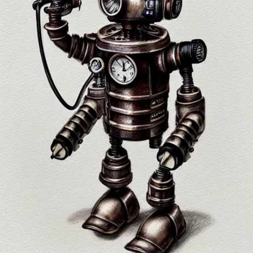 Prompt: hyper realistic pencil drawing of a steampunk robot , water color, full portrait, detailed, rim light, diffused, intricate,