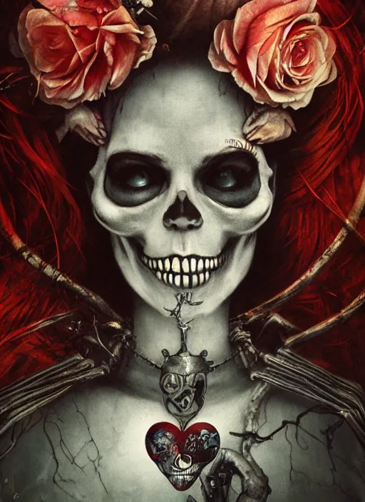 Image similar to Queen of Hearts, Alice in Wonderland, Death Tarot card,highly detailed,half skull face,cinematic,8k,by Stanley Artgermm,Tom Bagshaw,Greg Rutkowski,Carne Griffiths, Ayami Kojima, Beksinski, Giger,trending on DeviantArt,hyper detailed,horror, full of colour