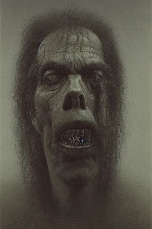 Prompt: portrait of Nick Cave by Zdzislaw Beksinski