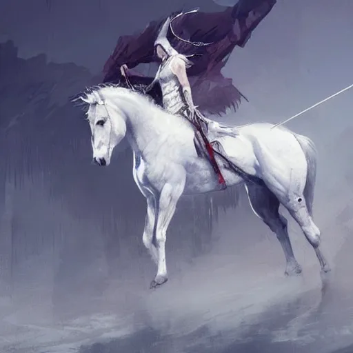 Image similar to a white horse The one who rode him carried arrows and a bow in his hand, and they gave him a crown, digital Art, Greg rutkowski Trending artstation