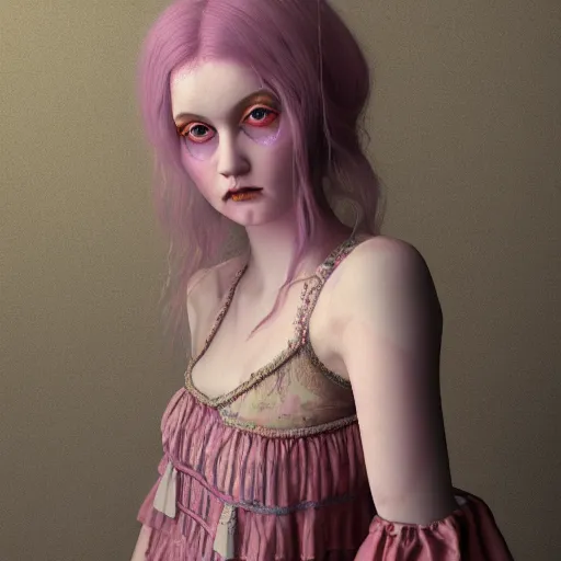 Image similar to 8 k, octane render, realism, tonalism, renaissance, rococo, baroque, cotton candy, portrait of a creepy young lady wearing bohemian long 1 9 7 0 s babydoll dress with flowers