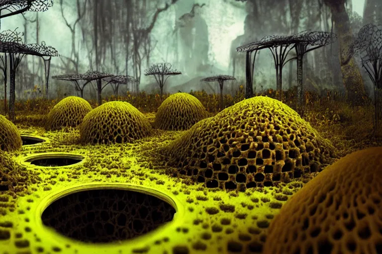 Image similar to elegance, favela garden honeybee hive, slime mold forest environment, industrial factory, spooky, award winning art, epic dreamlike fantasy landscape, ultra realistic,
