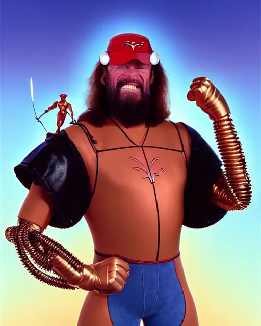 Image similar to disney pixar portrait 8 k photo of randy savage, terry bollea, jim duggan, arn anderson wearing elaborate jewelry : : as tesla cyborg man by pixar : : by weta, greg rutkowski, wlop, ilya kuvshinov, rossdraws, artgerm, annie leibovitz, rave, unreal engine, alphonse mucha : :