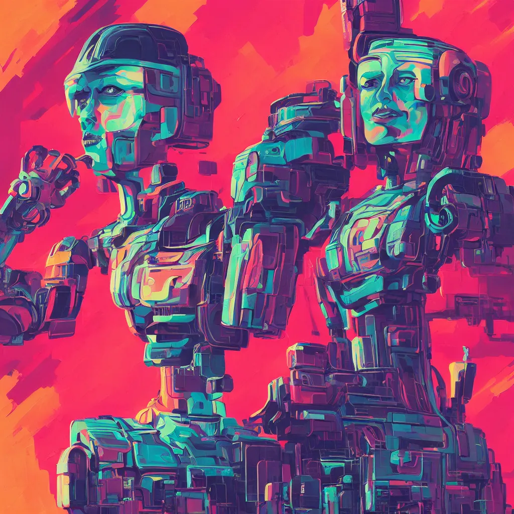 Image similar to a graph - style gouache impasto huge robot head in front of her, cyberpunk art by by james gilleard, cgsociety, retrofuturism, synthwave, retrowave, outrun