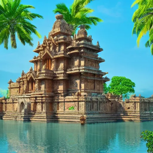 Prompt: 4 k unreal engine render of an ancient never seen before indian high detail palace and temple islands. complex architecture with intricate aetheral pilars. high detailed water. jungle background. afternoon light. hyper realistic render, digital illustration, trending on art station