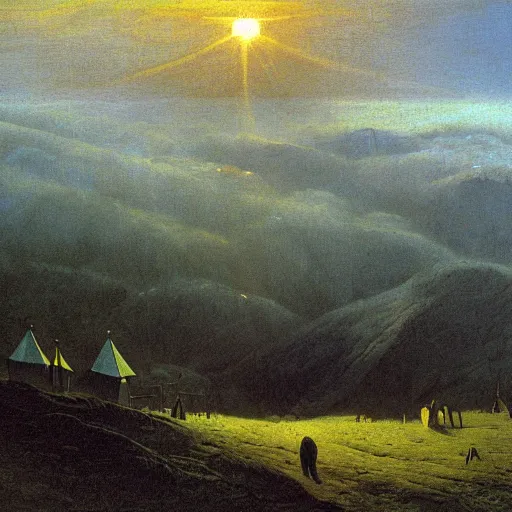 Prompt: mountains above the clouds, village in the mountain, long parallel wooden platforms, tents, colors, misty clouds, sun at dawn, painting by caspar david friedrich