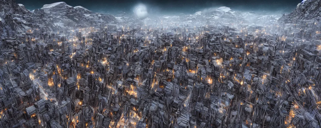 Prompt: haunted alien city of impossible towers and gravity - defying megastructures in the mountains of antarctica, upward angle, extremely hyperdetailed, photorealism, 8 k, 8 mm, deerie night lighting, lovecraftian